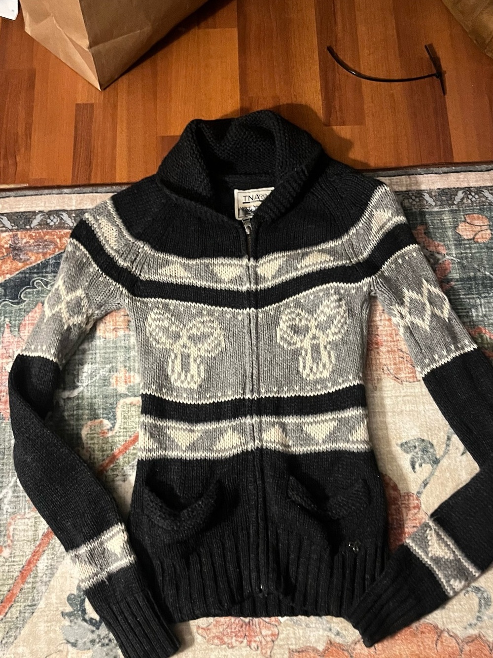 TNA  Black & Gray Zip-Up Fair Isle Sweater